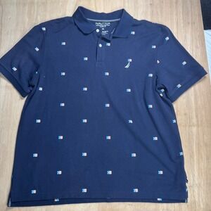 Nautica Performance Deck Polo Shirt Navy Blue XXL American Flag Print